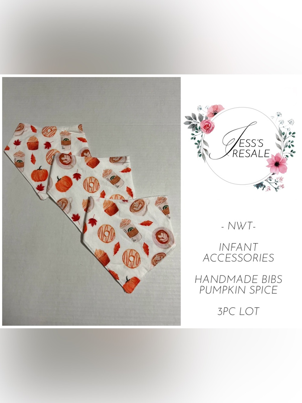 HANDMADE - O/S - NWT - 3PCS - INFANT UNISEX PUMPKIN SPICE BANDANA BIBS